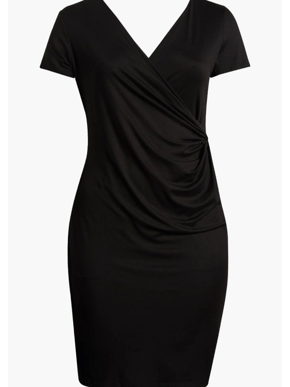 24Seven, Black Faux Wrap Midi Dress, XL, Ruched Bodycon V-Neck, NWT